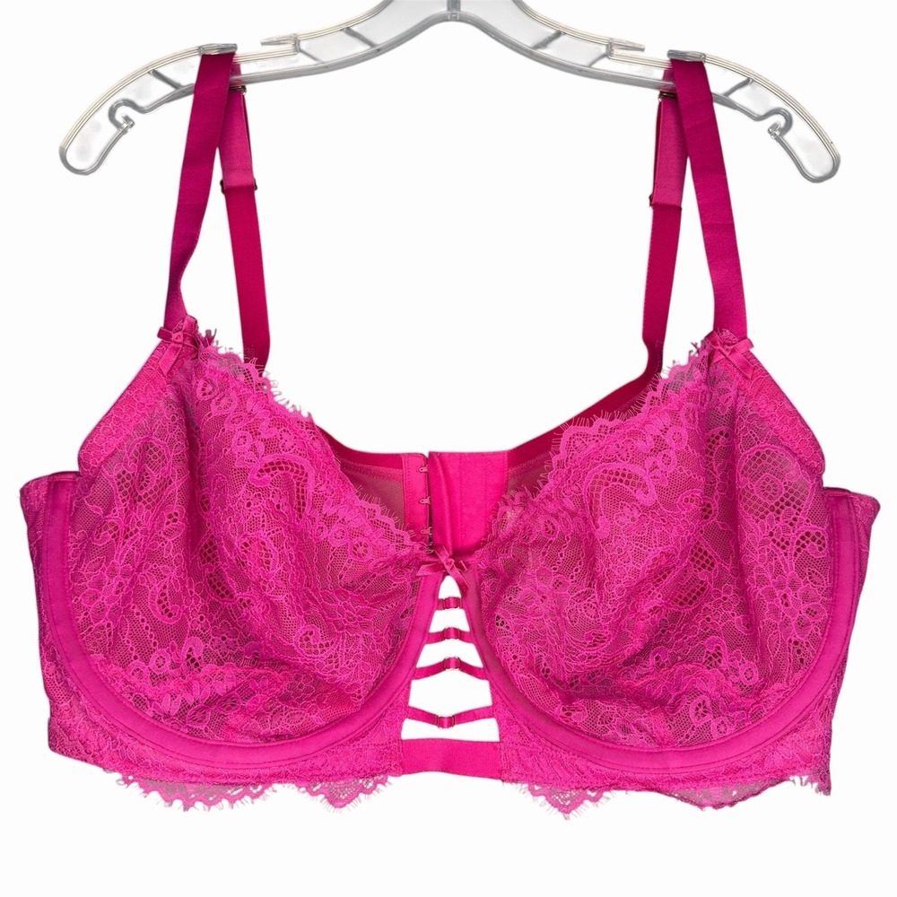 Cacique 44DDD Unlined Balconette Lace Bra Underwire Pink Floral Ribbon Sexy EUC
